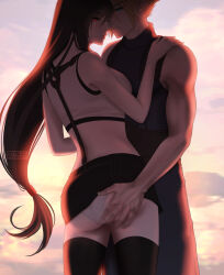 Rule 34 | 1boy, 1girl, absurdres, ass, ass grab, azezazel, bare arms, bare shoulders, black hair, black skirt, black sports bra, black thighhighs, blonde hair, blue eyes, breasts, closed mouth, cloud, cloud strife, cloudy sky, commentary, couple, cowboy shot, crop top, earrings, english commentary, final fantasy, final fantasy vii, final fantasy vii remake, from behind, hand on another&#039;s ass, hand on another&#039;s shoulder, hetero, highres, jewelry, large breasts, light smile, long hair, looking at viewer, looking back, low-tied long hair, midriff, outdoors, panties, parted lips, red eyes, skirt, sky, sleeveless, sleeveless turtleneck, spiked hair, sports bra, stud earrings, sunset, suspender skirt, suspenders, sweater, tank top, thighhighs, tifa lockhart, turtleneck, turtleneck sweater, twitter username, underwear, white panties, white tank top