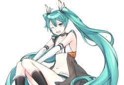 Rule 34 | 1girl, ;d, aqua eyes, aqua hair, bad id, bad twitter id, detached sleeves, hair ribbon, hatsune miku, lio (rumei2265874644), long hair, navel, one eye closed, open mouth, race queen, ribbon, simple background, sitting, smile, solo, very long hair, vocaloid, white background