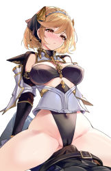 Rule 34 | 1boy, 1girl, aki663, armor, belt, belt buckle, blonde hair, blue hairband, blush, braid, breasts, buckle, bulge, cameltoe, cleft of venus, covered erect nipples, covered navel, crown braid, djeeta (granblue fantasy), erection, erection under clothes, girl on top, granblue fantasy, grinding, hairband, hetero, highleg, highres, large breasts, looking down, parted lips, partially visible vulva, red eyes, relic buster (granblue fantasy), revealing clothes, short hair, shoulder armor, simple background, solo focus, spread legs, thighs, white background