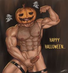 Rule 34 | 1boy, abs, absurdres, bara, beard, biceps, chest hair, cowboy shot, erection, facial hair, fishnet top, fishnets, flexing, ghost, halloween, halloween costume, happy halloween, harness, highres, jack-o&#039;-lantern, k sen212, large pectorals, male focus, male pubic hair, muscular, navel, nipples, nude, original, pectorals, penis, pubic hair, pumpkin, pumpkin hat, see-through, short hair, solo, stubble, thick thighs, thighs, uncensored