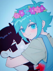 Rule 34 | 1boy, basil (headspace) (omori), basil (omori), blood, blood on clothes, blue overalls, blush, censored, character doll, closed mouth, colored skin, green eyes, green hair, green shirt, head wreath, highres, looking at viewer, male focus, mosaic censoring, omori, omori (omori), overalls, sebon (sebochin), shirt, short hair, short sleeves, smile, stuffed toy, white skin