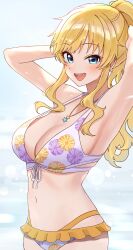 Rule 34 | 1girl, arms behind head, ban (puka 0507), bare shoulders, bikini, blonde hair, blue eyes, blush, breasts, cleavage, floral print, front-tie bikini top, front-tie top, highres, idolmaster, idolmaster cinderella girls, jewelry, long hair, looking at viewer, medium breasts, navel, necklace, ohtsuki yui, open mouth, ponytail, smile, solo, swimsuit, wavy hair
