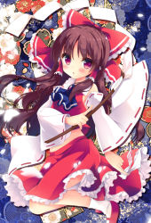 Rule 34 | 1girl, :o, ascot, bare shoulders, between fingers, blue ascot, bow, breasts, brown hair, detached sleeves, eyebrows, floral background, frilled bow, frilled shirt collar, frilled skirt, frills, gohei, hair bow, hair tubes, hakurei reimu, holding, long hair, long sleeves, looking at viewer, mary janes, natsuki yuu (amemizu), ofuda, parted lips, red bow, red eyes, red footwear, red skirt, red socks, ribbon-trimmed sleeves, ribbon trim, shoes, sidelocks, skirt, small breasts, socks, solo, stick, tareme, touhou, white socks, wide sleeves