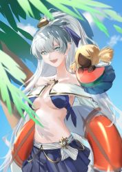 Rule 34 | 1girl, anastasia (fate), anastasia (swimsuit archer) (fate), anastasia (swimsuit archer) (third ascension) (fate), bare shoulders, bikini, blue bikini, blue eyes, blue skirt, blue sky, blush, bow, breasts, cleavage, collarbone, doll, fate/grand order, fate (series), hair bow, hair over one eye, highres, innertube, large breasts, long hair, long sleeves, looking at viewer, miniskirt, navel, open mouth, palm tree, ponytail, powerless, puffy long sleeves, puffy sleeves, silver hair, skirt, sky, smile, swim ring, swimsuit, tree, very long hair, viy (fate)