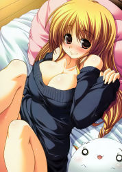 Rule 34 | 1girl, bare shoulders, blonde hair, blush, breasts, brown eyes, cleavage, dress, highres, large breasts, long hair, sawano akira, solo, sweater, sweater dress
