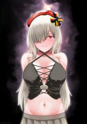 Rule 34 | 1girl, absurdres, arms behind back, bare shoulders, beret, black shirt, blush, breasts, closed mouth, collarbone, crop top, cross, g36c (girls&#039; frontline), g36c (mod3) (girls&#039; frontline), german flag, girls&#039; frontline, grey hair, grey skirt, hair between eyes, hair over one eye, hair ribbon, hat, highres, iron cross, long hair, looking at viewer, medium breasts, mod3 (girls&#039; frontline), navel, out of frame, red eyes, red hat, ribbon, shading eyes, shirt, simple background, skirt, smile, solo, standing, sugac, twitter username, upper body