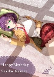 Rule 34 | 1girl, blazer, breasts, carpet, collared shirt, commentary request, from above, green eyes, hand on own stomach, happy birthday, highres, hinabita, hopper, indoors, jacket, kasuga sakiko, large breasts, looking at viewer, loose necktie, lying, necktie, on back, parted lips, pillow, plaid, plaid skirt, pleated skirt, purple hair, red necktie, school uniform, shirt, short hair, signature, skirt, solo, white shirt