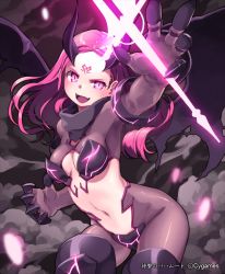 Rule 34 | 10s, 1girl, :d, bad id, bad pixiv id, breasts, claws, cleavage, corruption, cygames, demon girl, demon wings, facial mark, fangs, forehead mark, horns, len (a-7), long hair, looking at viewer, luciella, navel, open mouth, pink eyes, pink hair, shingeki no bahamut, slit pupils, smile, solo, wings