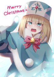 Rule 34 | 1girl, ayakashi triangle, bell, blonde hair, blue background, blue eyes, blue gloves, blue headwear, blue jacket, blunt bangs, blurry, blurry foreground, blush, bow, bowtie, commentary request, crying, crying with eyes open, english text, eyes visible through hair, foreshortening, fur collar, fur trim, gloves, gradient background, highres, jacket, long sleeves, looking at viewer, medium hair, merry christmas, open mouth, pointing, pointing at viewer, red bow, red bowtie, second-party source, sidelocks, snegurochka (ayatora), snowflakes, solo, tears, teeth, upper body, upper teeth only, white background, winter clothes