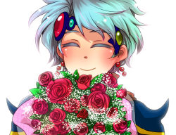 Rule 34 | 1990s (style), 1boy, blue hair, blush, bouquet, ceodore harvey, earrings, closed eyes, final fantasy, final fantasy iv, final fantasy iv: the after years, flower, himuro (harusame zensen), jewelry, leaf, male focus, portrait, rose, simple background, solo, white background