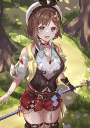 Rule 34 | 1girl, :d, atelier (series), atelier ryza, atelier ryza 3, belt, beret, black hairband, boots, braid, breasts, brown belt, brown eyes, brown footwear, brown gloves, brown hair, brown vest, choker, collared shirt, commentary request, crown braid, dappled sunlight, detached sleeves, earrings, gloves, hair ornament, hairband, hat, holding, holding staff, holster, humime, jacket, jewelry, large breasts, looking at viewer, multiple bracelets, necklace, open mouth, outdoors, red shorts, reisalin stout, shirt, short hair, short shorts, shorts, single earring, single glove, sleeveless, sleeveless jacket, sleeveless shirt, smile, solo, staff, star (symbol), star choker, star earrings, sunlight, teeth, test tube, thigh boots, thigh holster, tree, upper teeth only, vest, white headwear, white shirt, white sleeves, x hair ornament, yellow jacket