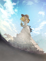 Rule 34 | 1girl, back bow, backlighting, bare shoulders, blonde hair, blue eyes, blue sky, bob cut, bow, bright pupils, brown hat, bush, cloud, commentary, demizu posuka, dog, dress, flower, hat, highres, holding, holding flower, layered dress, long sleeves, looking at viewer, off-shoulder dress, off shoulder, original, outdoors, short hair, sky, smile, solo, straw hat, striped, striped bow, twitter username, white dress, white pupils, yellow flower