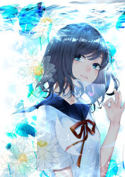 Rule 34 | 1girl, blue eyes, blue hair, blue sailor collar, closed mouth, commentary, flower, highres, letter, lily pad, looking at viewer, love letter, medium hair, motimoti067, neck ribbon, original, red ribbon, ribbon, sailor collar, school uniform, see-through, serafuku, shirt, solo, swept bangs, underwater, upper body, water lily flower, white flower, white shirt