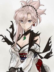 Rule 34 | 1girl, apomu, blue eyes, breasts, cleavage, closed mouth, commentary request, detached sleeves, earrings, eyes visible through hair, fate/samurai remnant, fate (series), grey background, hair ornament, hair over one eye, japanese clothes, jewelry, kimono, looking at viewer, magatama, magatama necklace, medium breasts, miyamoto musashi (fate), necklace, obi, official alternate costume, ponytail, sash, simple background, solo, white kimono