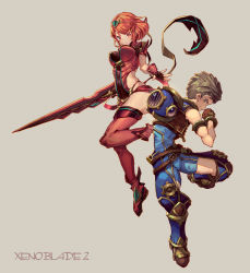 Rule 34 | 1boy, 1girl, bodysuit, breasts, brown eyes, brown hair, crotchless, crotchless pants, fingerless gloves, gloves, hair ornament, medium breasts, nintendo, orange hair, pyra (xenoblade), red eyes, rex (xenoblade), shiimo, short hair, simple background, smile, sword, weapon, xenoblade chronicles (series), xenoblade chronicles 2, xenoblade chronicles (series), xenoblade chronicles 2