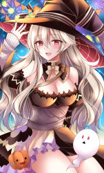 Rule 34 | 1girl, :d, aerial fireworks, arm up, bare shoulders, black hat, blush, bow, breasts, brown bow, brown dress, cleavage, corrin (female) (fire emblem), corrin (fire emblem), dress, fire emblem, fire emblem fates, fireworks, ghost, grey hair, hair between eyes, hat, highres, kirishima riona, long hair, long sleeves, looking at viewer, medium breasts, mole, mole under mouth, night, night sky, nintendo, open mouth, pennant, pointy ears, red eyes, sitting, sky, sleeves past wrists, smile, solo, string of flags, very long hair, witch hat