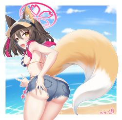 Rule 34 | 1girl, animal ears, artist name, ass, bare shoulders, bikini, blue archive, blush, breasts, brown hair, denim, denim shorts, fang, fox ears, fox tail, from behind, halo, hat, highres, hr.r, izuna (blue archive), looking at viewer, looking back, open mouth, shiny skin, short hair, short shorts, shorts, sideboob, smile, solo, swimsuit, tail, visor cap, yellow eyes