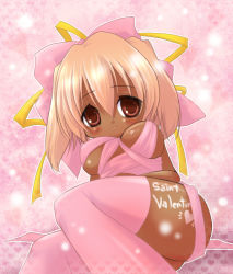 Rule 34 | 1girl, ass, blonde hair, blush, bow, breasts, brown hair, dark-skinned female, dark skin, english text, female focus, gradient background, hair bow, heart, lying, original, pink thighhighs, ribbon, short hair, smile, solo, thighhighs, twintails, valentine