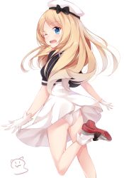 Rule 34 | 1girl, ass, blonde hair, blue eyes, blush, dress, gloves, hat, highres, jervis (kancolle), kantai collection, long hair, nahaki, one eye closed, panties, sailor dress, short sleeves, signature, simple background, smile, solo, underwear, white background, white gloves, white hat, white panties