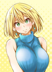 Rule 34 | 1girl, absurdres, artist request, blonde hair, blush, character request, earrings, green eyes, highres, jewelry, looking at viewer, medium hair, smile, solo, sweatdrop, yellow background