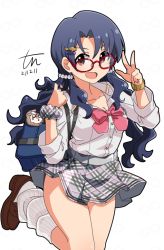 Rule 34 | bag, black hair, blush, bow, bowtie, breasts, brown eyes, brown footwear, cleavage, collarbone, glasses, grey skirt, hair ornament, hairclip, idolmaster, idolmaster million live!, leg up, leg warmers, long hair, looking at viewer, low twintails, medium breasts, miniskirt, open collar, pink bow, scrunchie, shirt, signature, skirt, smile, solo, stuffed animal, stuffed toy, takayama sayoko, thighs, tun, twintails, v, v-shaped eyebrows, watch, wavy hair, white background, white legwear, white shirt, wristwatch