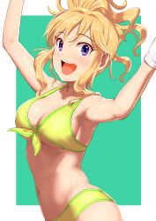 Rule 34 | 10s, 1girl, :d, armpits, arms up, bare shoulders, bikini, blonde hair, blush, border, breasts, cleavage, collarbone, cowboy shot, eyelashes, front-tie bikini top, front-tie top, gloves, green background, green bikini, green ribbon, idolmaster, idolmaster cinderella girls, long hair, looking at viewer, navel, ohtsuki yui, open mouth, outside border, pettan p, purple eyes, ribbon, round teeth, short hair, side ponytail, simple background, smile, solo, stomach, sweat, sweatdrop, swimsuit, teeth, tsurime, white border, white gloves