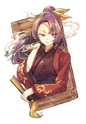 Rule 34 | 1girl, breasts, hair between eyes, hair ribbon, hand fan, hand up, hisona (suaritesumi), holding, holding fan, japanese clothes, kimono, komakusa sannyo, long sleeves, looking at viewer, medium breasts, open mouth, purple hair, red eyes, red kimono, red sleeves, ribbon, simple background, solo, touhou, unconnected marketeers, white background, yellow ribbon