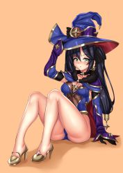 Rule 34 | 1girl, absurdres, black gloves, black hair, blue hat, blue leotard, blush, breasts, cape, cleavage, genshin impact, gloves, green eyes, hat, high heels, highres, knees up, legs, leotard, long hair, looking at viewer, lumu yuanxiang, medium breasts, mona (genshin impact), purple cape, sitting, thighlet, twintails, witch hat