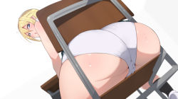 Rule 34 | 1girl, agovitch, ass, ass focus, bad id, bad twitter id, black socks, blonde hair, blue eyes, blush, chair, cleft of venus, copyright request, full-face blush, highres, panties, perspective, pleated skirt, pussy, pussy peek, school chair, school uniform, simple background, sitting, skirt, socks, solo, stuck, tagme, underwear, white background, white panties