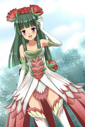 Rule 34 | blush, boots, cardfight!! vanguard, cosplay, flower, gloves, green hair, hair ornament, headdress, long hair, looking at viewer, maiden of trailing roses, neo nectar, purple eyes, rose, thigh boots, thighhighs, tobita mai, vanguard ride