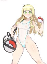 Rule 34 | 1girl, absurdres, alternate breast size, blonde hair, blunt bangs, blush, braid, breasts, cameltoe, creatures (company), game freak, green eyes, highres, lillie (pokemon), long hair, looking at viewer, medium breasts, navel, nintendo, nisetanaka, one-piece swimsuit, parted lips, pokemon, pokemon sm, skindentation, solo, standing, swimsuit, twin braids, underboob, white background, white one-piece swimsuit