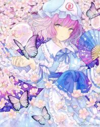 Rule 34 | 1girl, blue butterfly, blue hat, bug, butterfly, cherry blossoms, folding fan, frilled shirt collar, frills, hand fan, hat, highres, insect, japanese clothes, light smile, long sleeves, looking at viewer, mob cap, petals, pink eyes, pink hair, ribbon, saigyouji yuyuko, sash, short hair, solo, sweet miuk tea, touhou, triangular headpiece, watermark, wide sleeves