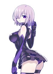 Rule 34 | 1girl, :o, arched back, ass, bare shoulders, black dress, breasts, chan co, cowboy shot, dress, elbow gloves, fate/grand order, fate (series), female focus, from behind, gloves, hair over one eye, large breasts, looking back, mash kyrielight, panties, purple eyes, purple panties, short dress, short hair, silver hair, simple background, skindentation, sleeveless, sleeveless dress, solo, thigh strap, underwear, white background