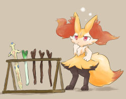 Rule 34 | 1girl, :/, absurdres, animal ear fluff, animal ears, animal feet, animal hands, animal nose, black fur, body fur, braixen, brown background, closed mouth, creatures (company), female focus, flat chest, fox ears, fox girl, fox tail, furry, furry female, game freak, gen 6 pokemon, hand on own chin, hand on own hip, hand up, highres, multicolored fur, neck fur, nintendo, pokemon, pokemon (creature), red eyes, san (sanchimpo), simple background, solo, spring onion, stick, stroking own chin, sword, tail, thinking, weapon, weapon rack, white fur, yellow fur