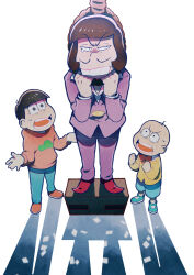 Rule 34 | 3boys, bald, bow, bowtie, chibita, clenched hands, formal, highres, holding, holding rope, hood, hoodie, imminent suicide, iyami, long sleeves, male focus, matsuno osomatsu, multiple boys, noose, osomatsu-san, osomatsu (series), ouka (stan), purple suit, red bow, red bowtie, red footwear, red hoodie, rope, rope around neck, shorts, suit, tearing up, v-shaped eyebrows, worried