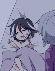 Rule 34 | 2girls, blanket, clenched hands, cone horns, fang, from behind, futon, grey horns, horns, jeno, kijin seija, kishin sagume, mother and daughter, multicolored hair, multiple girls, open mouth, short hair, silver hair, sleeping, streaked hair, sweat, sweatdrop, touhou, translation request