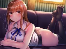 Rule 34 | 1girl, ass, bare shoulders, black thighhighs, blush, breasts, brown eyes, brown hair, couch, curtains, highres, large breasts, long hair, looking at viewer, lying, nano (syoutamho), on stomach, original, skirt, sleeveless, smile, solo, thighhighs