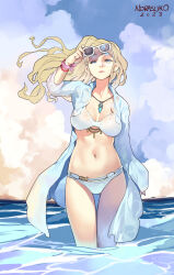Rule 34 | 1girl, absurdres, adjusting eyewear, warrior of light (ff14), bikini, blue eyes, breasts, cleavage, commentary, english commentary, final fantasy, final fantasy xiv, gift art, gluteal fold, highres, hyur, jewelry, large breasts, lips, long hair, looking at viewer, mismatched eyebrows, mole, mole under eye, navel, norasuko, ocean, overshirt, pendant, scar, scar on face, scar on nose, shirt, solo, sunglasses, swimsuit, thigh gap, wading, water, wet, wet clothes, wet shirt, white-framed eyewear, white bikini