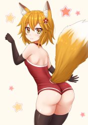 Rule 34 | 1girl, :3, animal ear fluff, animal ears, ass, backless outfit, bare shoulders, beige background, blush, brown gloves, brown hair, brown thighhighs, choker, closed mouth, clothing cutout, commentary, elbow gloves, english commentary, flower, fox ears, fox girl, fox tail, gloves, hair between eyes, hair flower, hair ornament, hand up, highres, kazenokaze, leaning forward, leotard, looking at viewer, looking back, paw pose, red choker, red flower, red leotard, senko (sewayaki kitsune no senko-san), sewayaki kitsune no senko-san, simple background, skindentation, solo, star (symbol), starry background, tail, tail raised, tail through clothes, thighhighs, yellow eyes