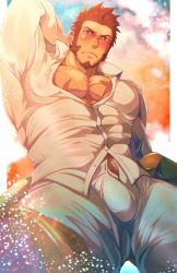 Rule 34 | 1boy, abs, abstract background, absurdres, alternate costume, arm behind head, bara, blue eyes, blush, brown hair, bulge, covered erect nipples, cowboy shot, crow (siranui), dress shirt, facial hair, fate/grand order, fate (series), goatee, highres, large pectorals, light particles, long sideburns, long sleeves, looking at viewer, male focus, male pubic hair, muscular, muscular male, napoleon bonaparte (fate), nipples, nose blush, open fly, pants, partially unbuttoned, pectoral cleavage, pectorals, pubic hair, pubic hair peek, scar, see-through, shirt, short hair, sideburns, solo, sweatdrop, white pants, white shirt