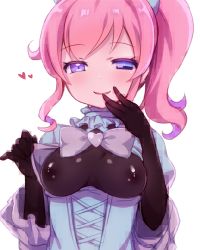 Rule 34 | 1girl, black skin, blue corset, blue dress, blue eyes, blush, bow, bowtie, breasts, breasts out, bug mirai, clothes lift, colored skin, corset, dark persona, dress, dress lift, evil smile, finger to mouth, frilled sleeves, frills, grey bow, grey bowtie, half-closed eyes, heart, heterochromia, high ponytail, highres, kiratto pri chan, lifted by self, long hair, long sleeves, medium breasts, momoyama mirai, multicolored hair, nipples, open mouth, pink hair, pixelated, pretty series, purple eyes, purple hair, shiny skin, sidelocks, simple background, smile, solo, spoken heart, tiger rmn, upper body, white background