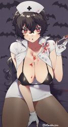 Rule 34 | 1girl, arm between legs, bat (animal), bikini, black bikini, blood, blood on clothes, blood on face, blood on hands, breasts, brown hair, cleavage, collar, cross, gloves, hair between eyes, hat, highres, holding, holding syringe, large breasts, long hair, looking at viewer, murata tefu, nurse, nurse cap, open clothes, original, pantyhose, red cross, red eyes, rubber gloves, short sleeves, simple background, swimsuit, syringe, thick thighs, thighs, unbuttoned, uniform, white gloves