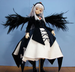 Rule 34 | 00s, 1girl, boots, figure, hairband, long hair, parted lips, photo (medium), rozen maiden, sakura color, silver hair, solo, standing, suigintou, wings