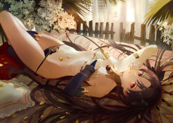 Rule 34 | 1girl, absurdres, arm up, armlet, bikini, black bow, blue bikini, blue thighhighs, bow, bridal gauntlets, brown hair, closed mouth, curtains, fate/grand order, fate (series), fence, flower, hair bow, highres, indoors, ishtar (fate), jewelry, leiq, long hair, lying, mismatched bikini, navel, neck ring, on back, on bed, parted bangs, petals, pillow, plant, red eyes, signature, single thighhigh, solo, stomach, strapless, strapless bikini, swimsuit, thighhighs, two side up, very long hair, white bikini, white flower, window, wooden fence