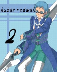 Rule 34 | 1boy, bad id, bad pixiv id, blue background, blue eyes, blue hair, blue theme, character name, glasses, hubert ozwell, lowres, male focus, matching hair/eyes, shibanashi miso, solo, tales of (series), tales of graces, una