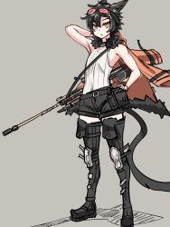 Rule 34 | 1boy, animal ears, cat boy, cat ears, cat tail, goggles, grey background, gun, highres, original, sirachi, solo, tail, thighhighs, weapon