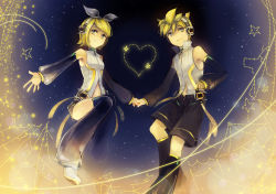 Rule 34 | 1boy, 1girl, aqua eyes, arm warmers, bad id, bad pixiv id, blonde hair, brother and sister, detached sleeves, hair ornament, hair ribbon, hairclip, holding hands, headphones, highres, kagamine len, kagamine len (append), kagamine rin, kagamine rin (append), leg warmers, m102, navel, popped collar, ribbon, short hair, siblings, smile, twins, vocaloid, vocaloid append