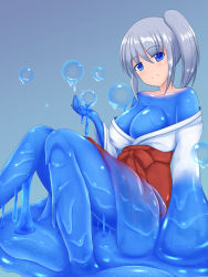 Rule 34 | blue eyes, breasts, bubble, cleavage, grey hair, japanese clothes, monster girl, ponytail, rethnick, slime girl, sura shrine maiden, transformation
