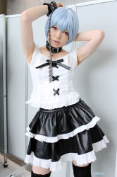 Rule 34 | 1girl, alternate costume, armpits, asian, ayanami rei, black skirt, black thighhighs, blue hair, breasts, collar, color contacts, cosplay, frilled skirt, frills, goth fashion, indoors, lace, leash, looking at viewer, makeup, mascara, miniskirt, namada, neon genesis evangelion, photo (medium), red eyes, short hair, skirt, small breasts, solo, standing, thighhighs, zettai ryouiki