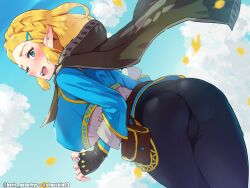 Rule 34 | 1girl, absurdres, ass, black gloves, black pants, blonde hair, blue shirt, blue sky, blush, boris (noborhys), braid, breasts, cloak, commentary request, crown braid, fingerless gloves, gloves, green eyes, highres, hood, hooded cloak, large breasts, long sleeves, looking back, nintendo, open mouth, pants, parted bangs, pointy ears, pouch, princess zelda, revision, shirt, short hair, sidelocks, sky, smile, solo, the legend of zelda, the legend of zelda: tears of the kingdom, thighs